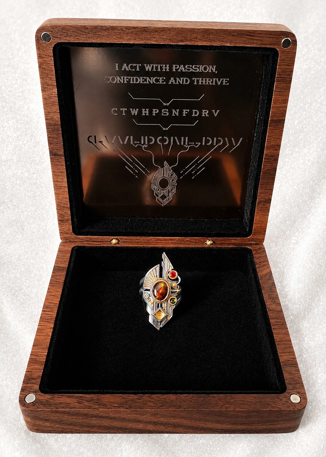 The Catalyst ring in engraved wooden presentation box