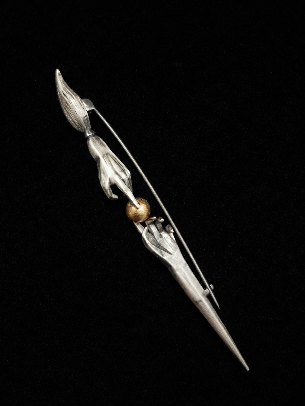 Commission paintbrush brooch, full view with pin