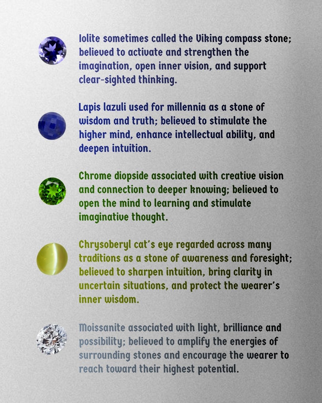 The Amplifier gemstones: Iolite, Lapis Lazuli, Chrome Diopside, Chrysoberyl Cat's Eye, Moissanite