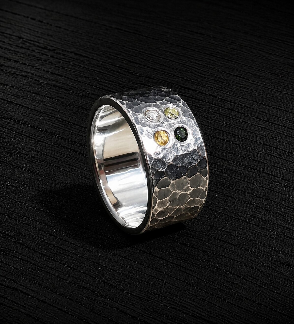 The Zenith ring, angled view showing hammered texture