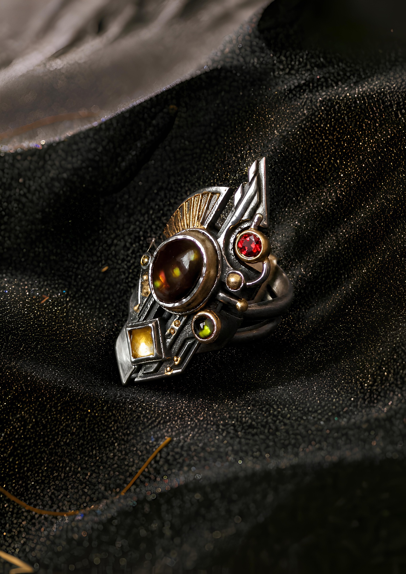 Catalyst ring, silver and gold with fire agate and garnet